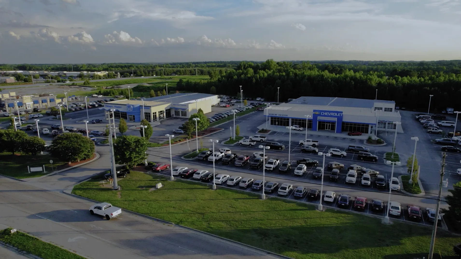 Aerial view of Hubert Vester Honda and Chevrolet on Raleigh Road Parkway West in Wilson, North Carolina